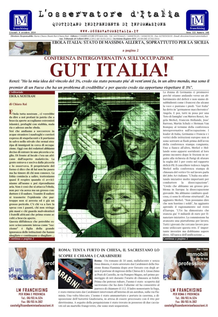 L'osservatore d'Italia edizione del 9 Ottobre 2014